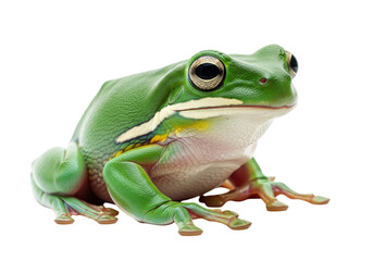 A vibrant green tree frog with large eyes and yellow markings on its side