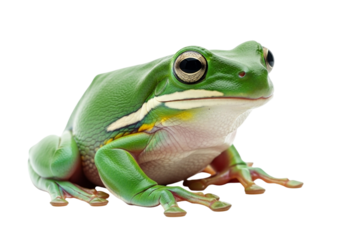 A vibrant green tree frog with large eyes and yellow markings on its side