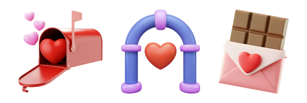 3d Sweet Valentine's Day icons express love with hearts chocolate and romantic gestures for celebrations isolated on png transparent background