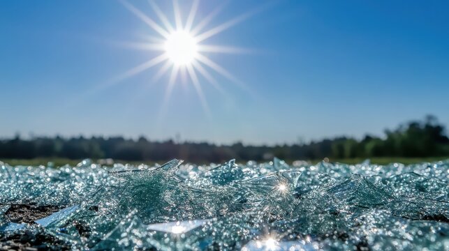 Pile of broken glass shards reflecting sunlight against blue sky