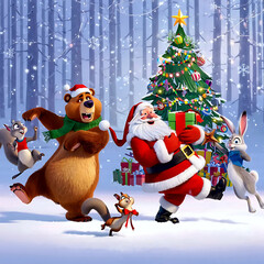 Forest animals celebrate Christmas with Santa Claus, exchanging gifts and dancing together under the snow near a bright Christmas tree.