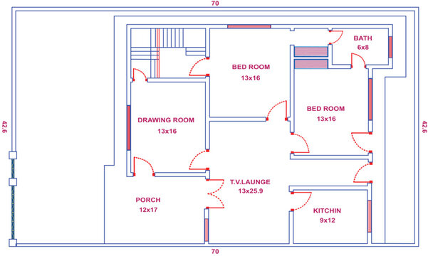 42.6x70 feet modern house floor plan vector with two bedrooms, drawing room, TV lounge, kitchen, bath, and porch layout, detailed residential architectural blueprint