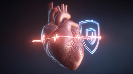 Heart health is a vital aspect of life. Shown is a heart protected by a shield and pulsing with energy, symbolizing care and resilience.