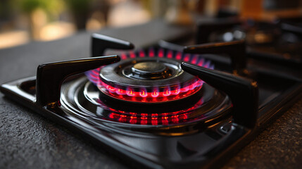 A close-up shot captures the vibrant dance of red and blue flames on a sleek, black gas stove, hinting at culinary creations and warmth within the kitchen.