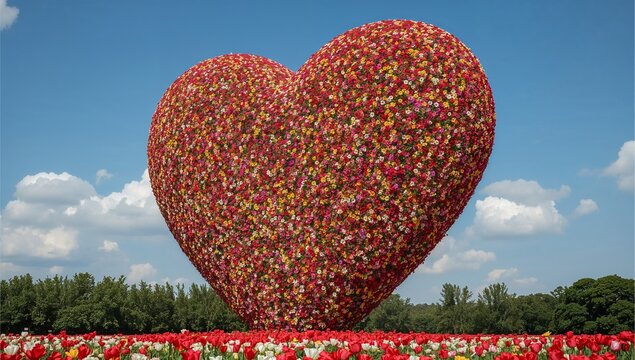 Hundreds of colorful flowers form a sky heart