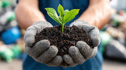 Holding new life: A tiny sprout emerges from a mound of dark soil in gloved hands, symbolizing hope, renewal, and the importance of nature's gifts.