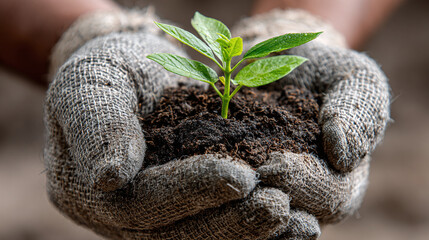 Hands in gardening gloves cradle soil with a vibrant green sprout, symbolizing growth, renewal, and the promise of a sustainable future.