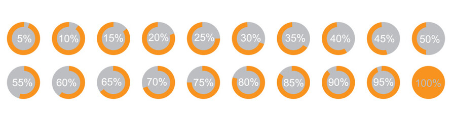 Infographic circle with percentage 0 to 100 loading progress interface in red color vector design. 5 10 15 20 25 30 35 40 45 50 55 60 65 70 75 80 85 90 95 percent loading circle collection