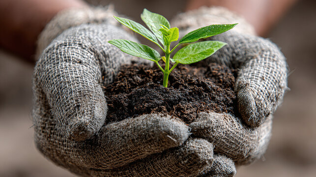 Hands in gardening gloves cradle soil with a vibrant green sprout, symbolizing growth, renewal, and the promise of a sustainable future.
