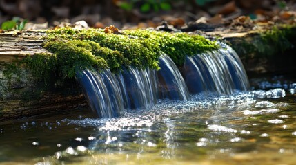 Miniature waterfall flowing over mossy rock surface