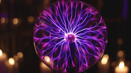 Plasma energy sphere glowing with vibrant purple electric tendrils, dynamic lightning filaments radiating inside glass ball, scientific electricity demonstration concept with neon illumination, futuri - Powered by Adobe