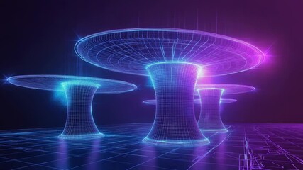 Wireframe grid structures illuminating futuristic digital metaverse landscape - Powered by Adobe