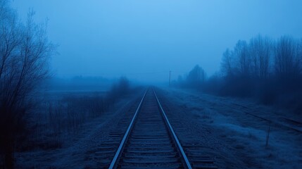 Fototapeta premium Railway Tracks Leading into the Foggy Desolate Horizon