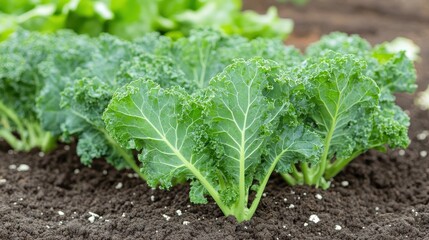 Naklejka premium Rows of lush green organic kale plants growing in soil