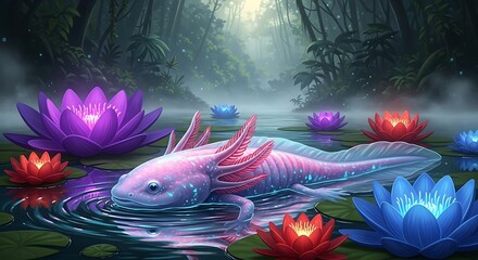 Vibrant Axolotl and Glowing Water Lilies in Misty Enchanted Forest Pond Scene.