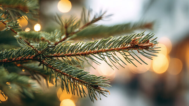 A close-up shot of an evergreen branch, showcasing its lush needles against a backdrop of soft, blurred golden light, festive season ambiance.