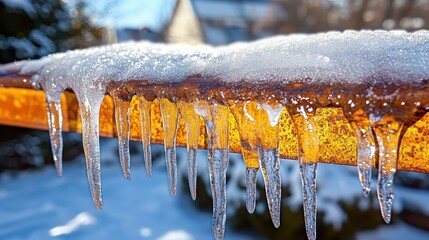 Intricate Icicles Forming on a Rusty Metal Surface Outdoors