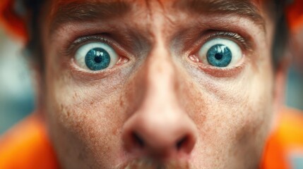 Close-up shot of a man?s face with a startled expression, showcasing wide blue eyes and a concerned look. Focus on eyes and facial details.