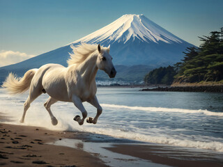 A white horse sprinting at full speed.
