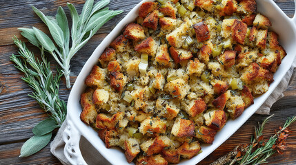 Top view of herb-infused bread stuffing in a white casserole dish with sage and rosemary sprigs on a rustic wooden table. Holiday flavors.