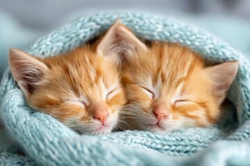 Two orange kittens sleeping together wrapped in a soft blue blanket