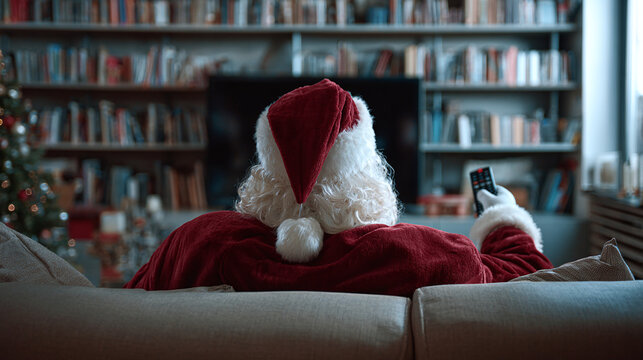 Santa takes a break, relaxing on the couch, remote in hand, after a long year of prep. Cozy time with books & a tree in the background.