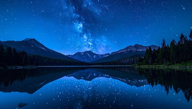 Vast starry night sky above distant mountains, shimmering stars reflected in a calm lake, rich blue tones, realistic moonlight glow, tranquil and majestic feeling, high-definition landscape photograph
