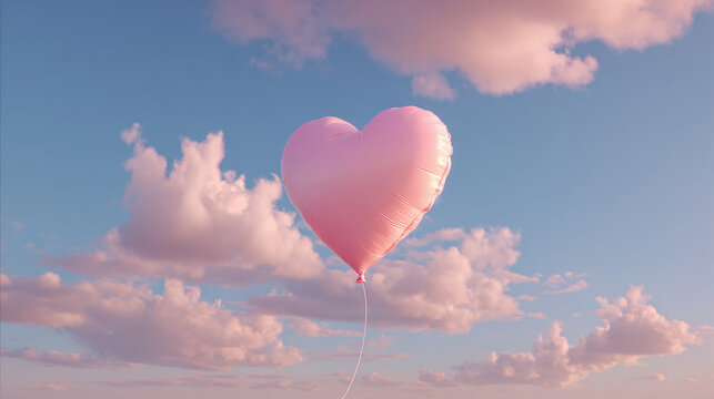 A charming pink heart balloon floats serenely against a backdrop of fluffy, pale clouds, evoking feelings of love and lighthearted joy.