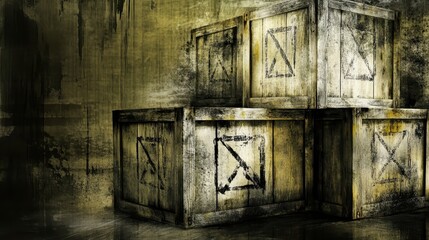 Stacked Distressed Wooden Crates Against a Grunge Background