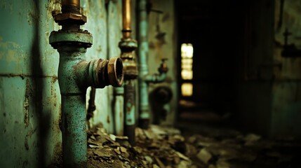 Oxidized copper pipes emerging from rubble in aged structure