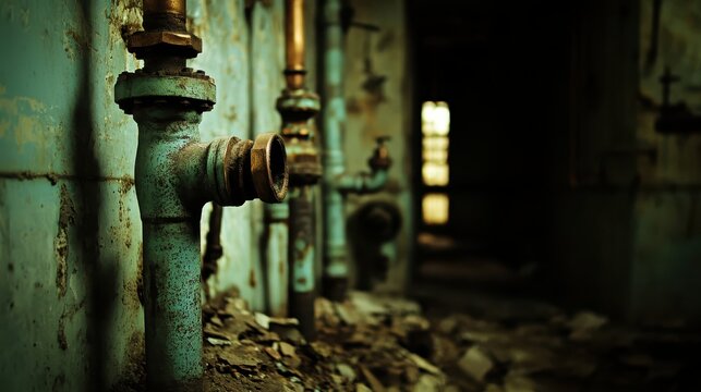 Oxidized copper pipes emerging from rubble in aged structure