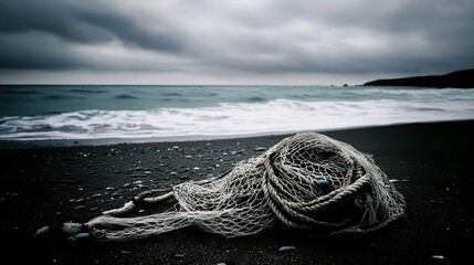 Tangled fishing net worn and discarded on the sandy beach