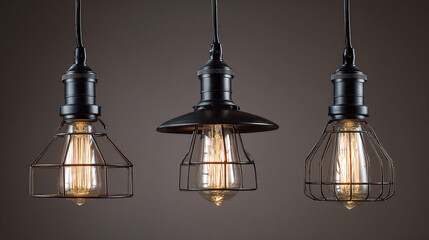 Three vintage-style pendant lights with exposed filament bulbs and metal cages suspended against a neutral background. Stylish lighting solution.