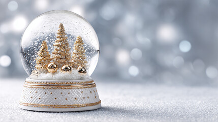 A festive snow globe captures the magic of the holidays, sparkling with glitter and featuring gold trees and a bokeh background.