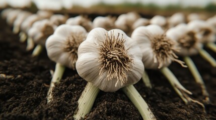 Organic Garlic Bulbs Growing in Dark Soil