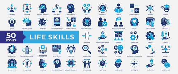 Life Skills icon set, containing adaptive, positive behavior, challenges life, psychosocial, individual, active and productive. Simple Flat Vector Illustration.