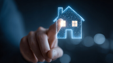 A finger interacting with a digital, glowing house icon, symbolizing home technology, smart living, and the future of real estate solutions.