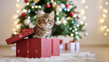 Festive action with a playful kitten in a christmas gift box cozy living room holiday photography joyful atmosphere cute perspective