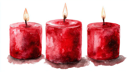 Three festive, red candles burning bright. Watercolor style art adds a soft, warm glow to any occasion or seasonal decoration.