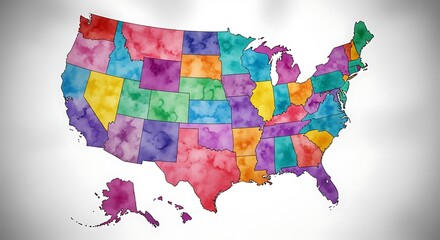 Vibrant Watercolor Map of United States Colorful Textured Regions Geographic Location Outline.