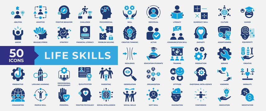 Life Skills icon set, containing adaptive, positive behavior, challenges life, psychosocial, individual, active and productive. Simple Flat Vector Illustration.