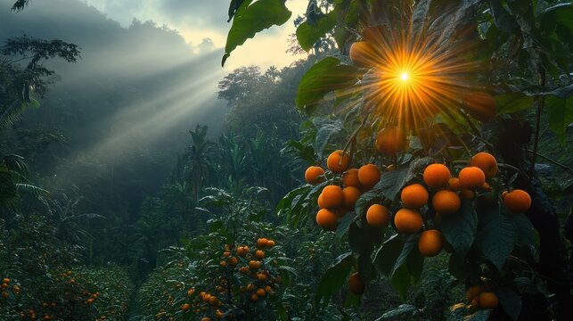 Sunlit orange fruit trees with sunlight filtering through the canopy