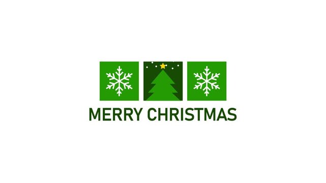 Merry Christmas logo greeting with snowflakes and a Christmas tree in green squares.