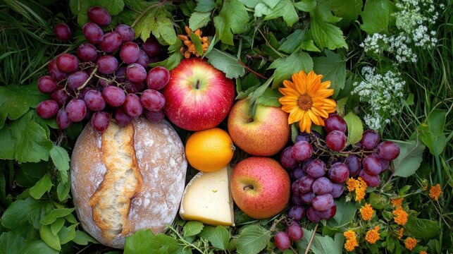 Overhead view of a picnic setup with fresh fruits and bread