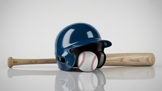 Minimal 3D render showcasing blue baseball helmet and bat on white background, perfect for product branding, sports equipment advertisements, clean design templates, and modern editorial visuals - Powered by Adobe