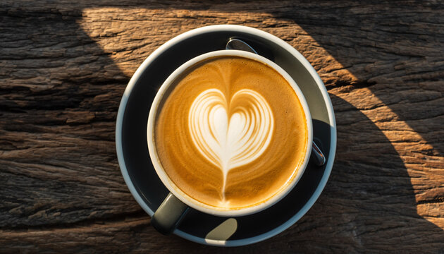Overhead view of a coffee cup with beautiful heart latte art on a rustic wooden table in warm sunlight.
