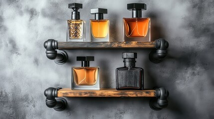 Perfume bottles displayed on a rustic industrial style shelf