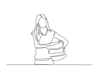 Continuous line art drawing of cleaning maid holding folded towels. Housekeeper holding stack of towels. in single outline illustration.