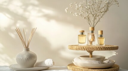 Perfume bottles displayed on a tiered bamboo shelf