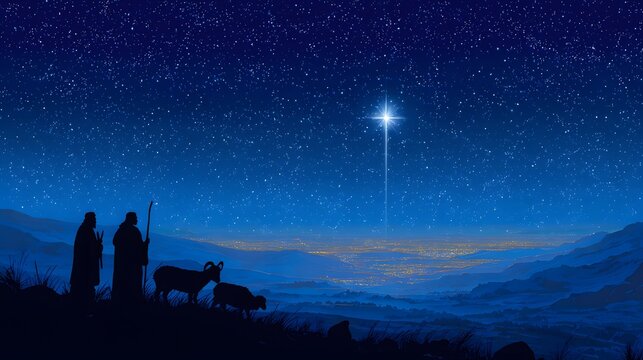 Peaceful holy night scene with shepherds watching star of Bethlehem